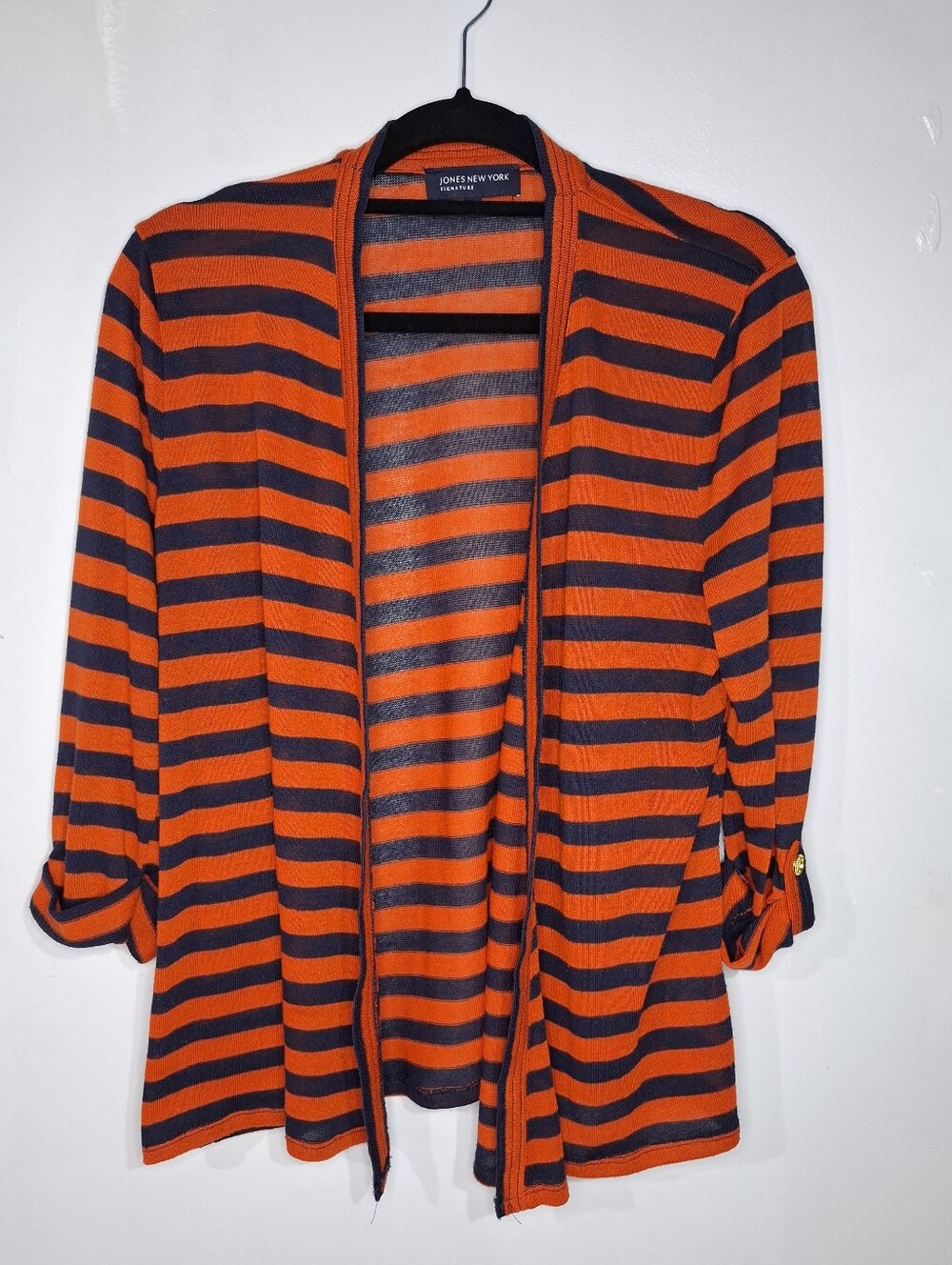 Jones New York Orange & Navy Striped Open-Front Cardigan Sweater Sz XL